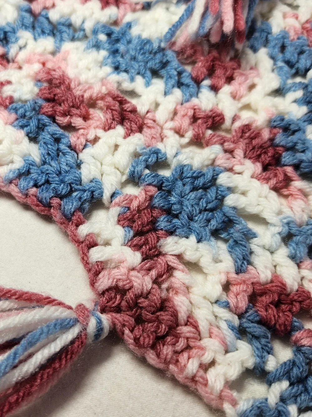 Handmade Crochet Throw Blanket Pink Blue White Fringe Granny 34x80  See Descript